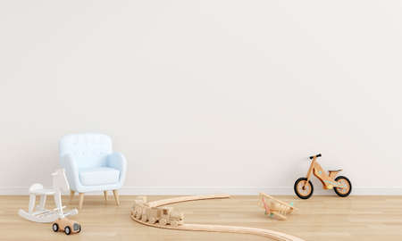Blue sofa and toy in white child room interior with copy space, 3D renderingの写真素材