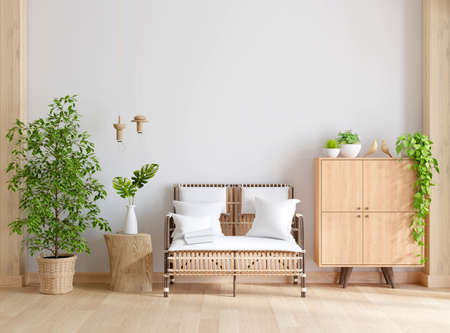 Wood armchair and cabinet in white living room interior with copy space, 3D rendering