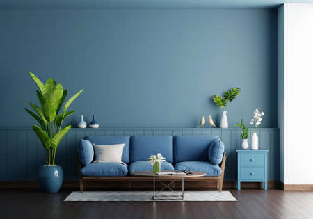 Blue sofa in blue living room interior with copy space, 3D renderingの写真素材
