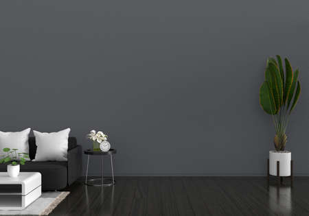 Black sofa in living room interior with free space for mockup,3D rendering