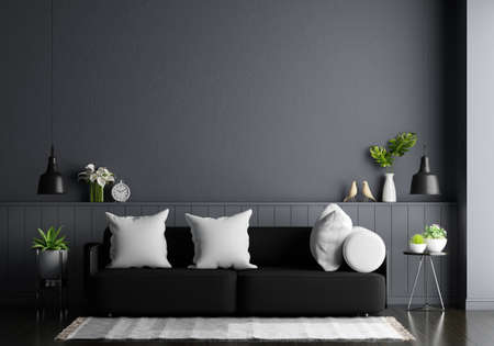 Black sofa in black living room interior with copy space, 3D renderingの写真素材