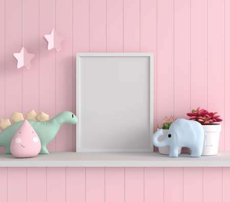 Doll on shelf with picture frame mockup, 3D rendering