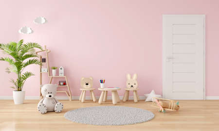 Chair and table in pink children room interior with copy space, 3D renderingの写真素材