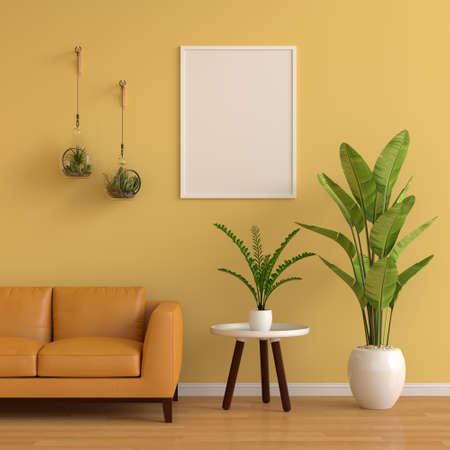 Blank photo frame for mockup on wall in living room interior, 3D renderingの写真素材