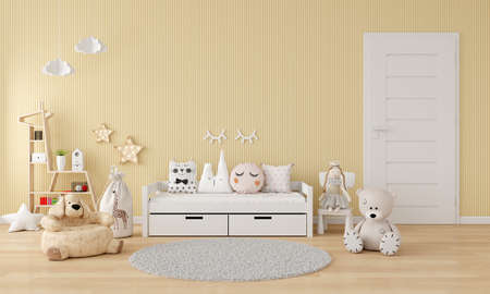 Yellow child bedroom interior with copy space, 3D renderingの写真素材