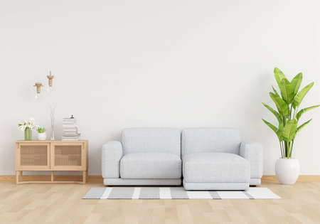 Grey sofa in white living room interior with copy space, 3D renderingの写真素材