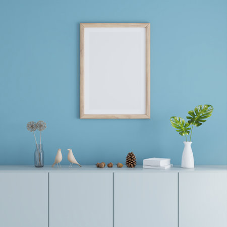 Sideboard in blue living room interior with picture frame mock up, 3D renderingの写真素材