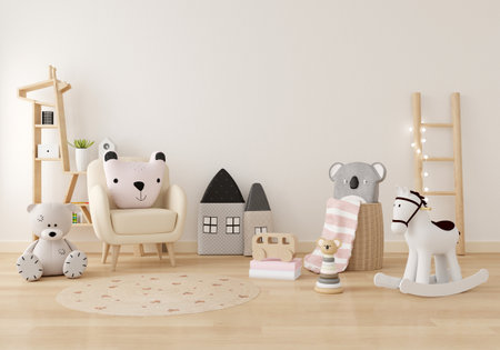 White child living room interior with copy space, 3D renderingの写真素材