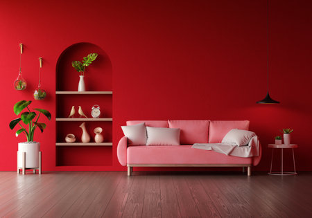 Sofa in red living room interior with copy space for mock up, 3D renderingの写真素材