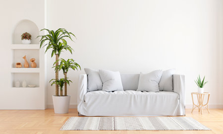 Gray sofa in white living room interior with copy space, 3D renderingの写真素材