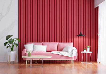 Pink sofa in red living room interior with copy space for mock up,3D renderingの写真素材