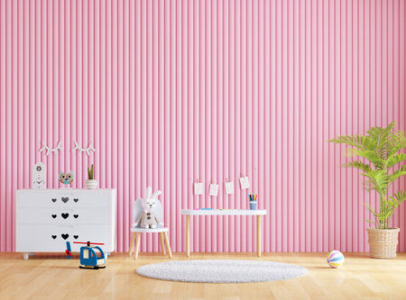 Chair and table in pink child room interior with copy space, 3D renderingの写真素材