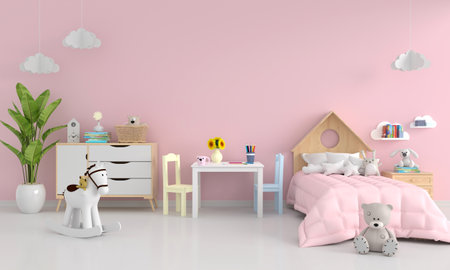 Pink child bedroom interior with copy space for mock up, 3D renderingの写真素材