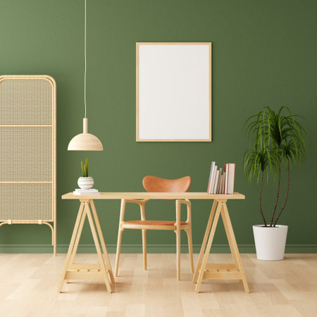 Chair and table with picture frame mock up, 3D renderingの写真素材