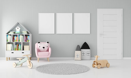 Gray child room interior with frame mock up, 3D renderingの写真素材
