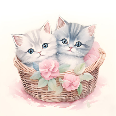 Two kitten in wood basket with flowers, water color style, generative aiの素材