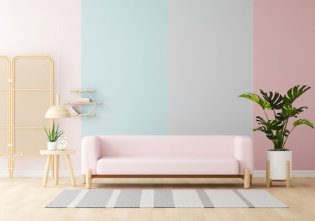 A stylish and cozy living room interior featuring a pastel color palette, a pink sofa, and green plant, 3D renderingの写真素材