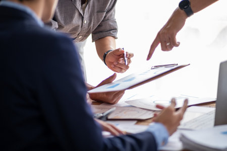 Closed up office conference room meeting diverse team of top manager, successful happy business team...