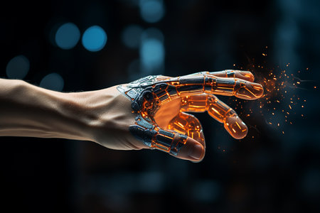 AI, Generative AI, Machine learning, Hand of robot touching on big data network system network, revolution of AI.の素材