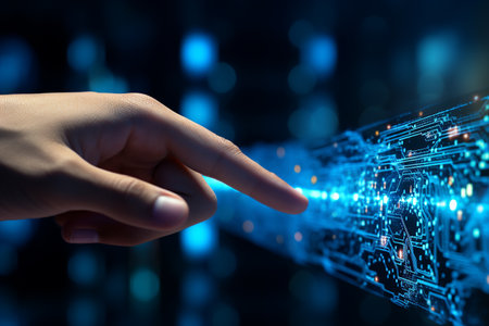 AI, Generative AI, Machine learning, Hand of robot touching on big data network system network, revolution of AI.の素材