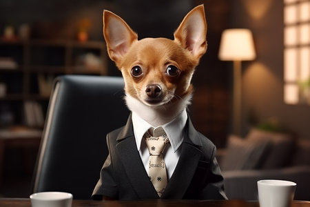 Dog office worker. A dog in the office. Chihuahua boss. Director, Manager, Worker fun.の素材