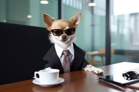Dog office worker. A dog in the office. Chihuahua boss. Director, Manager, Worker fun.の素材