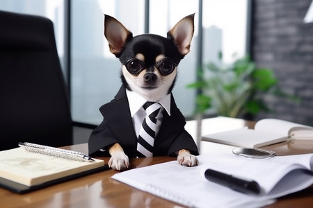 Dog office worker. A dog in the office. Chihuahua boss. Director, Manager, Worker fun.の素材