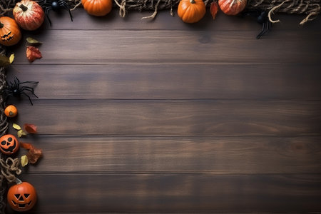 Happy halloween flat lay mockup with pumpkins and leaves on black background, Thanksgiving background: Apples, pumpkins and fallen leaves on wooden background. Copy space for text. Halloween.の素材