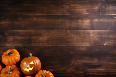 Happy halloween flat lay mockup with pumpkins and leaves on black background, Thanksgiving background: Apples, pumpkins and fallen leaves on wooden background. Copy space for text. Halloween.の素材