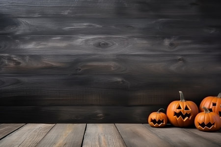 Happy halloween flat lay mockup with pumpkins and leaves on black background, Thanksgiving background: Apples, pumpkins and fallen leaves on wooden background. Copy space for text. Halloween.の素材