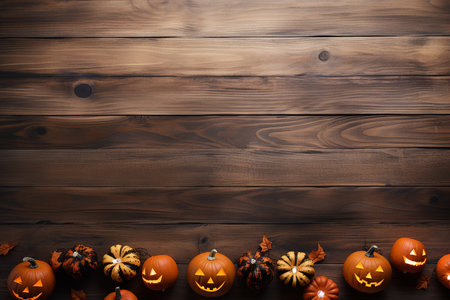 Happy halloween flat lay mockup with pumpkins and leaves on black background, Thanksgiving background: Apples, pumpkins and fallen leaves on wooden background. Copy space for text. Halloween.の素材