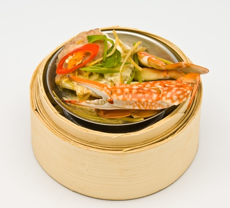 Chinese steamed crab dimsum in bamboo containers traditional cuisineの写真素材