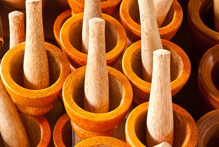 wooden mortar and pestle in marketの写真素材