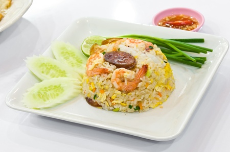 fried rice with shrimp and vegetable and sausageの写真素材
