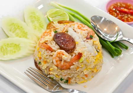 fried rice with shrimp and vegetable and sausageの写真素材