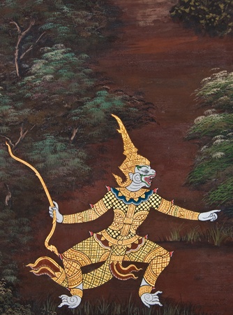 masterpiece of traditional Thai style painting art old about Ramayana story on temple wall at  Watphrakaew, Bangkok,Thailandのeditorial素材