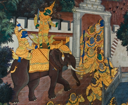masterpiece of traditional Thai style painting art old about Ramayana story on temple wall at  Watphrakaew, Bangkok,Thailandのeditorial素材
