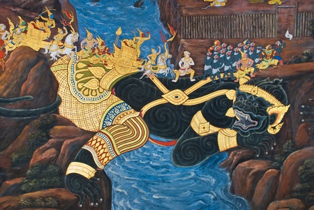 masterpiece of traditional Thai style painting art old about Ramayana story on temple wall at  Watphrakaew, Bangkok,Thailandのeditorial素材