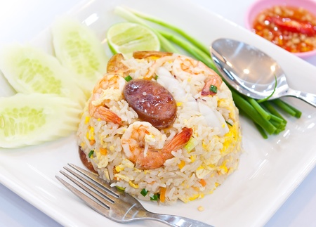 fried rice with shrimp and vegetable and sausageの写真素材
