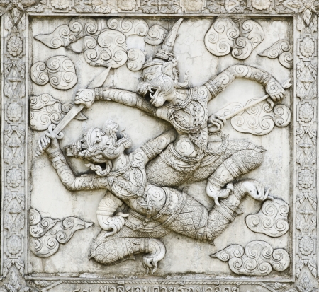 masterpiece of traditional Thai style stucco art old about Ramayana story on temple decorative wall at Wat Panan Choeng temple, Ayutthaya, Thailand. World Heritage Siteのeditorial素材