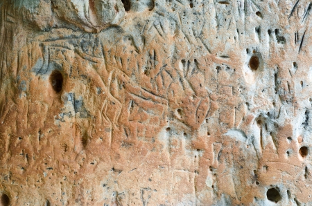 ancient Stone engraving in Phu Pha Yon, Sakon Nakhon, Thailand, The three thousand year old cliff...