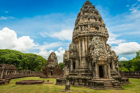 View of the historic Prasat Hin Phimai Castle at Nakhon Ratchasima Province, Thailand. The Khmer Castle were built during the Angkor period and marked the northern reaches of the realm.の写真素材
