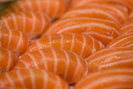 closeup detail japanese classic sushi with fresh salmon fishの写真素材