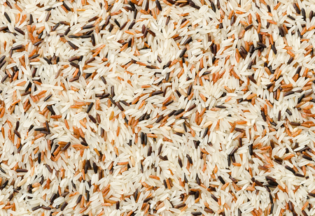 Food background with three mixed of Thai rice varieties : brown rice, mixed wild rice, white (jasmine) rice. species Oryza sativa.の写真素材