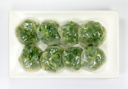 Steamed Dumpling stuffed with Garlic Chives and Taro and bamboo shoot , Allium Tuberosum pastry steaming, ChineseGarlic Chive Dumpling, garlic chives dim sum, Kuicheai steamed breadの写真素材