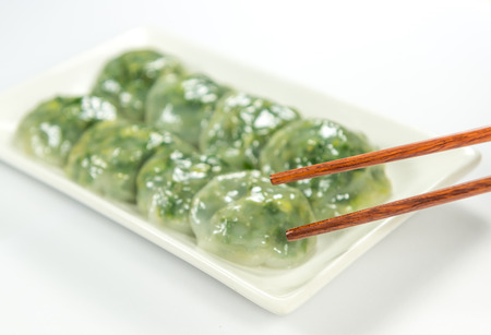 Steamed Dumpling stuffed with Garlic Chives and Taro and bamboo shoot , Allium Tuberosum pastry steaming, ChineseGarlic Chive Dumpling, garlic chives dim sum, Kuicheai steamed breadの写真素材