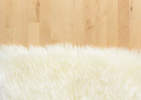 textured of real white cream wool sheep on Birch wood backgroundの写真素材