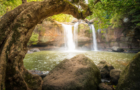 Deep Forest beautiful waterfall Haew Suwat,  waterfall Kao Yai national park World Heritage at Thailandのeditorial素材