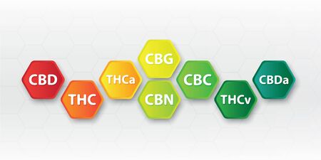 Chemical formula of marijuana leaves, initials,cbd,thc,thca,cbg,cbn,cbc,thcv,cbdaのイラスト素材