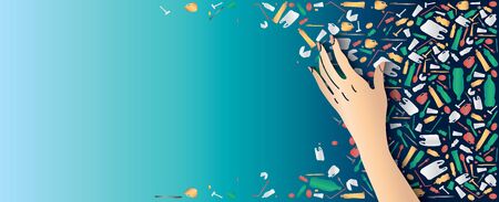 Hand garbage collection at waste debris in the sea backgroundのイラスト素材